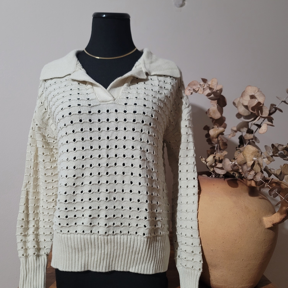 Joie Open Knit Collared Sweater Coastal Grandma Vintage Chic Boho Sz Xs